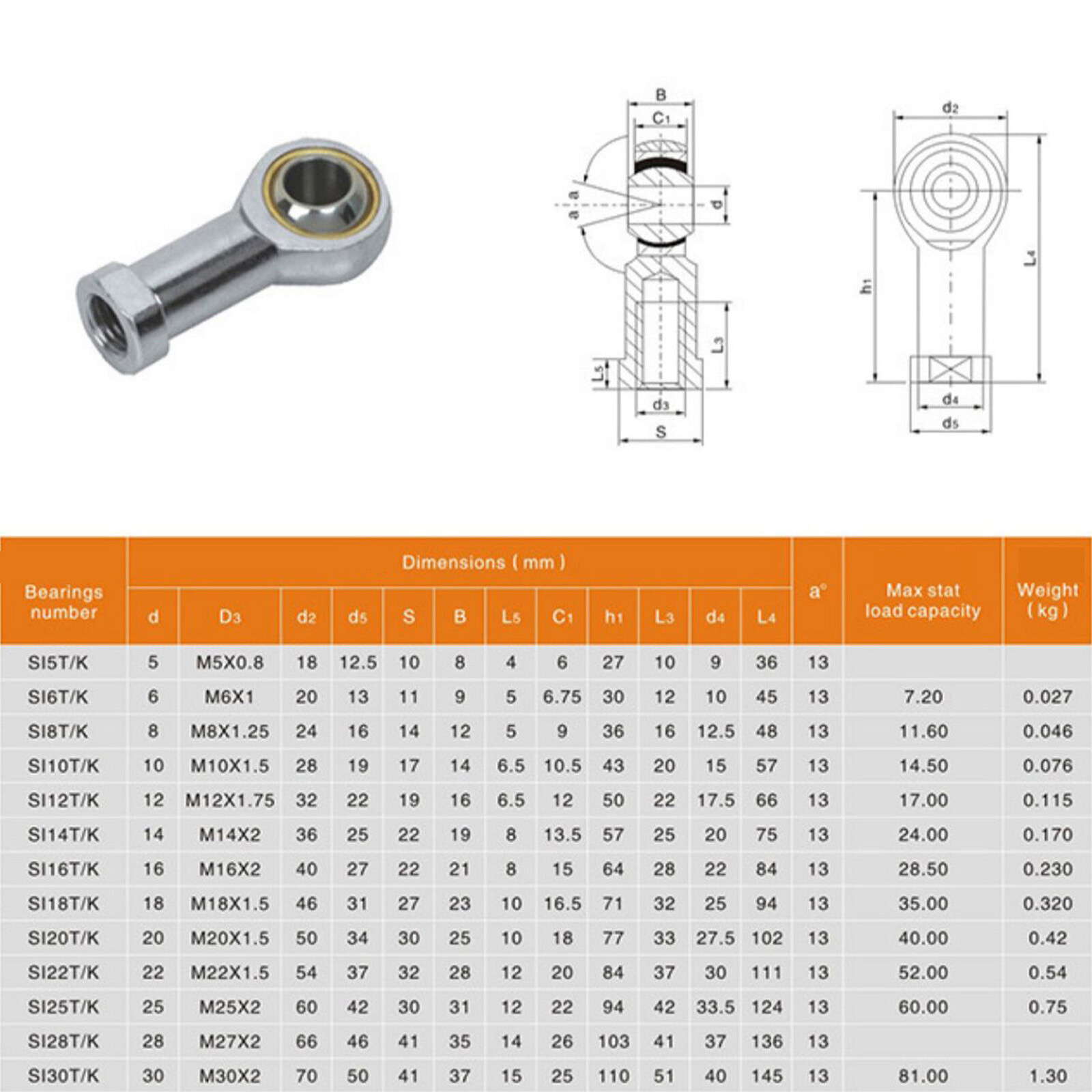 Female Rod End Bearing Rose Joint Right/Left Hand Thread M3 M4 M5 M6 M8 M10-M30