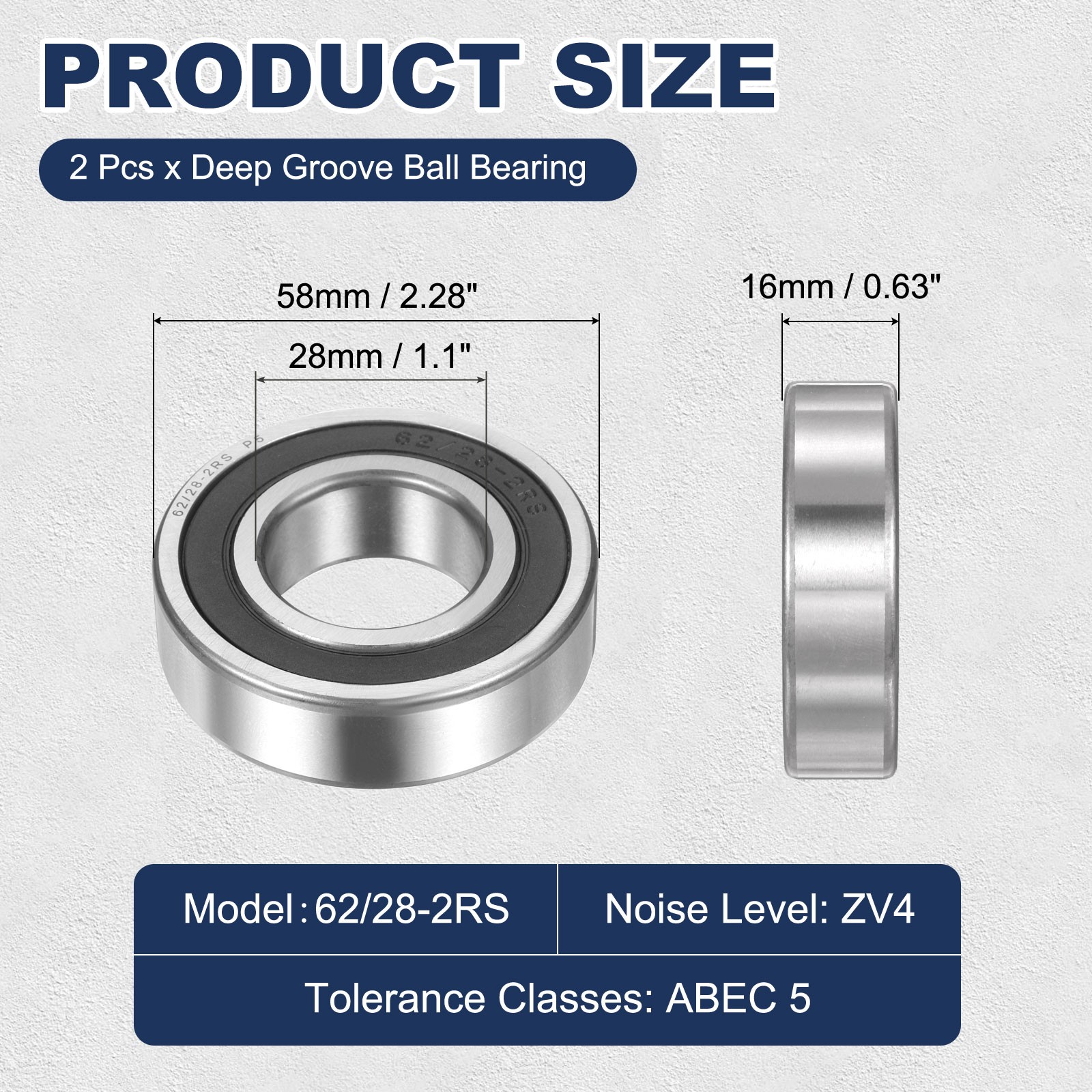 62/28-2RS Deep Groove Ball Bearing, 2pcs 28 x 58 x 16mm, ZV4 Double Rubber