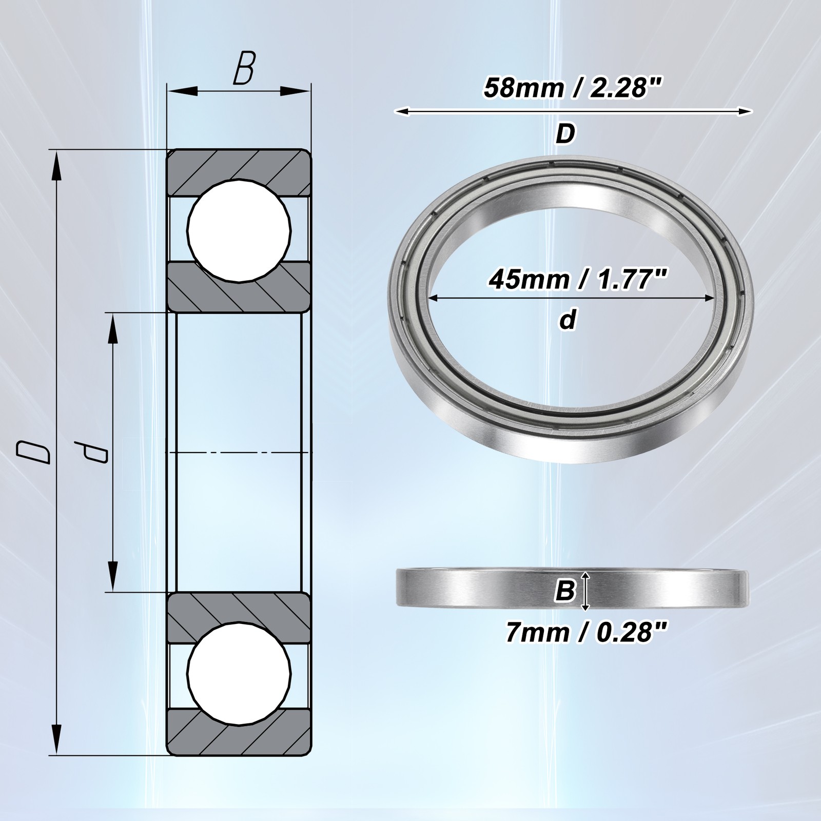 TWO 45x58x7mm Double Metal Shield 6809ZZ Row Deep Groove Ball Bearings Universal