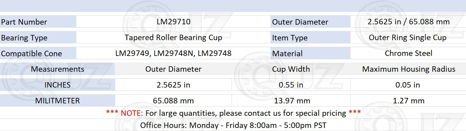 [1x] LM29710 Tapered Roller Bearing Inner Single Cup 2.56″ (Bore) x0.55″ (Width