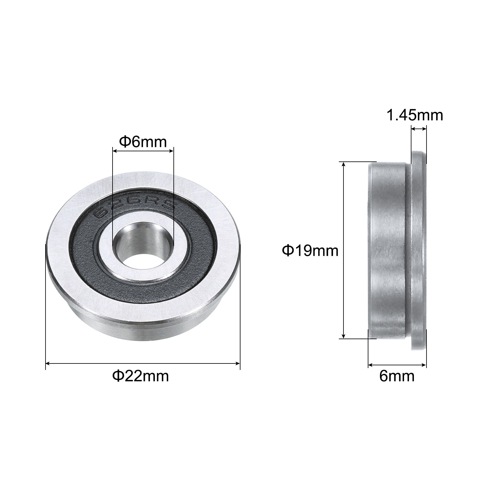 F626-2RS Flanged Ball Bearing 6x19x6mm Double Sealed Chrome Steel Bearings 10pcs