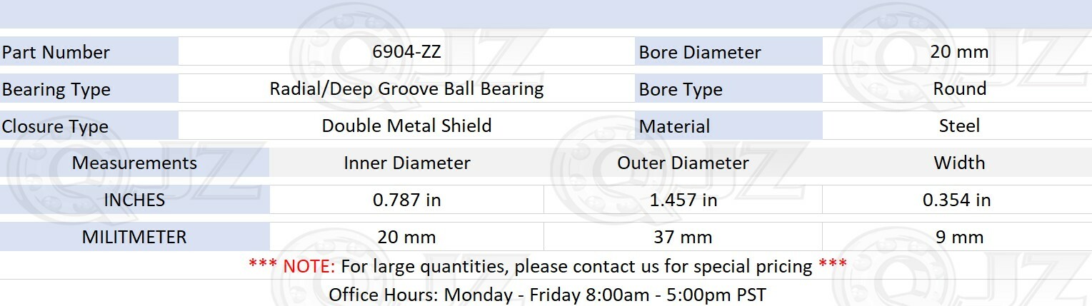[2-Pack] 6904-ZZ Radial/Deep Groove Ball Bearing Double Shield 20mm x 37mm x 9mm