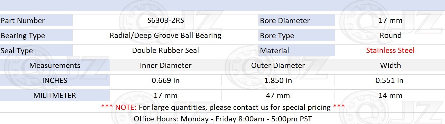 [Qty.10] S6303-2RS Stainless Radial Ball Bearing [17mm ID x 47mm OD x 14mm W]