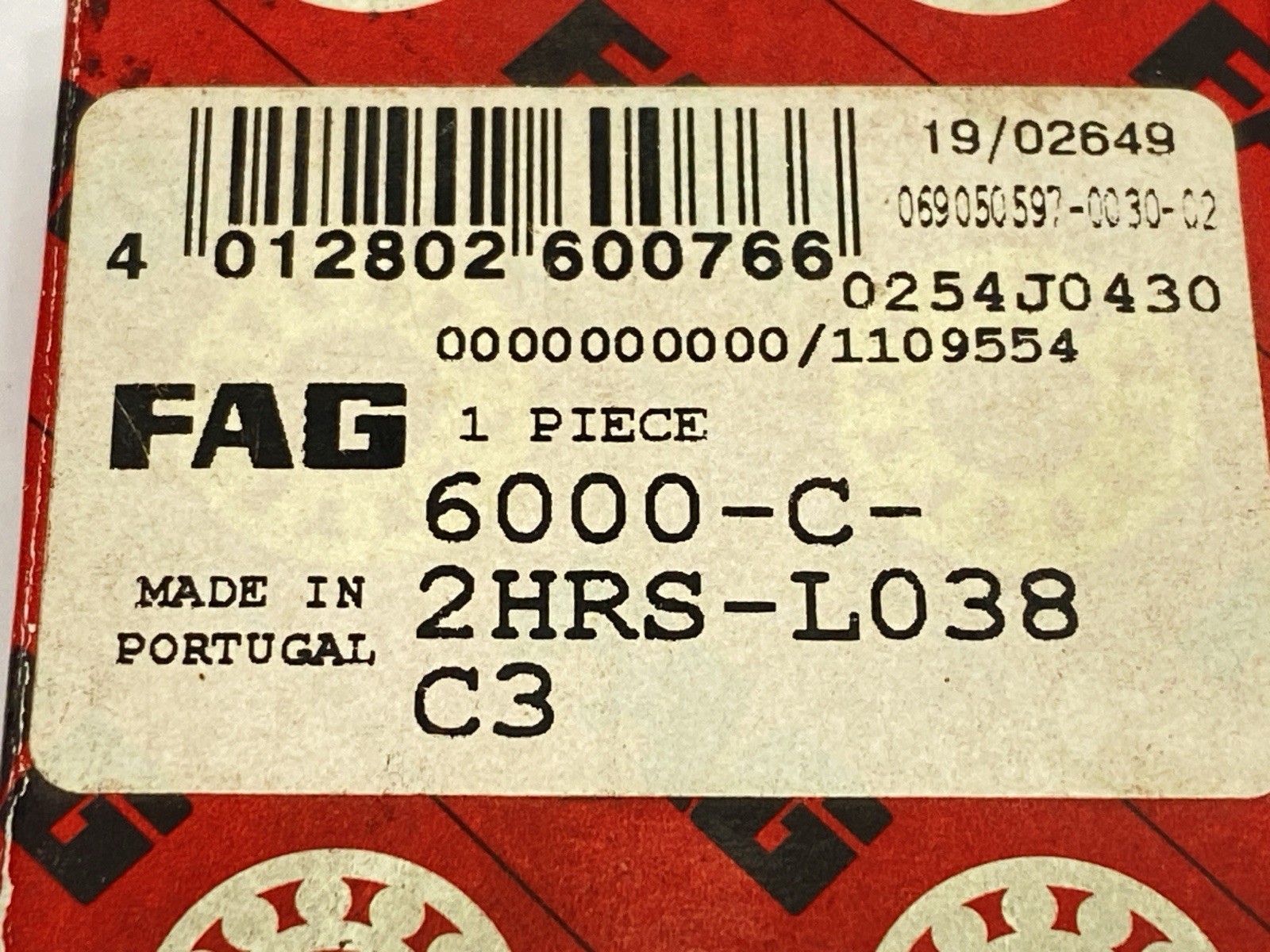 FAG 6000-C-2HRS-L038-C3 Ball Bearing 10mm Bore 26mm OD 8mm Wide LOT OF 2