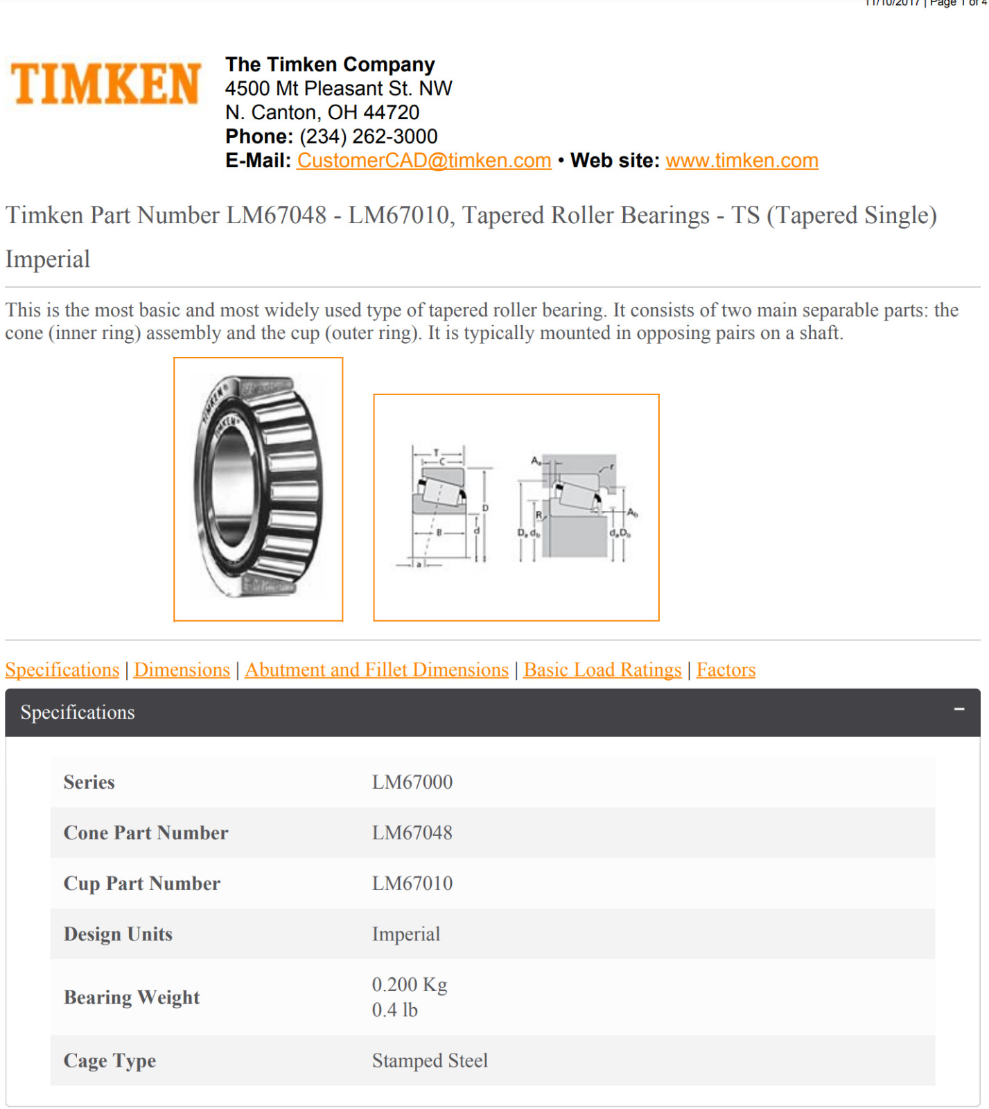 One Timken LM67048-90015 Back to Back Bearing Assembly 1-1/4″ID USA NEW