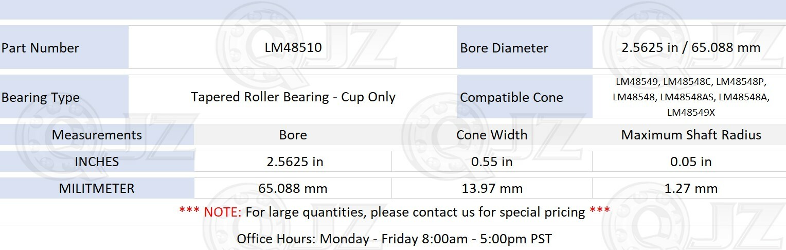 [1pc] LM48510 Tapered Roller Bearing Outer Cup 2.56″ (Outer Dia) x 0.55″ (Width)