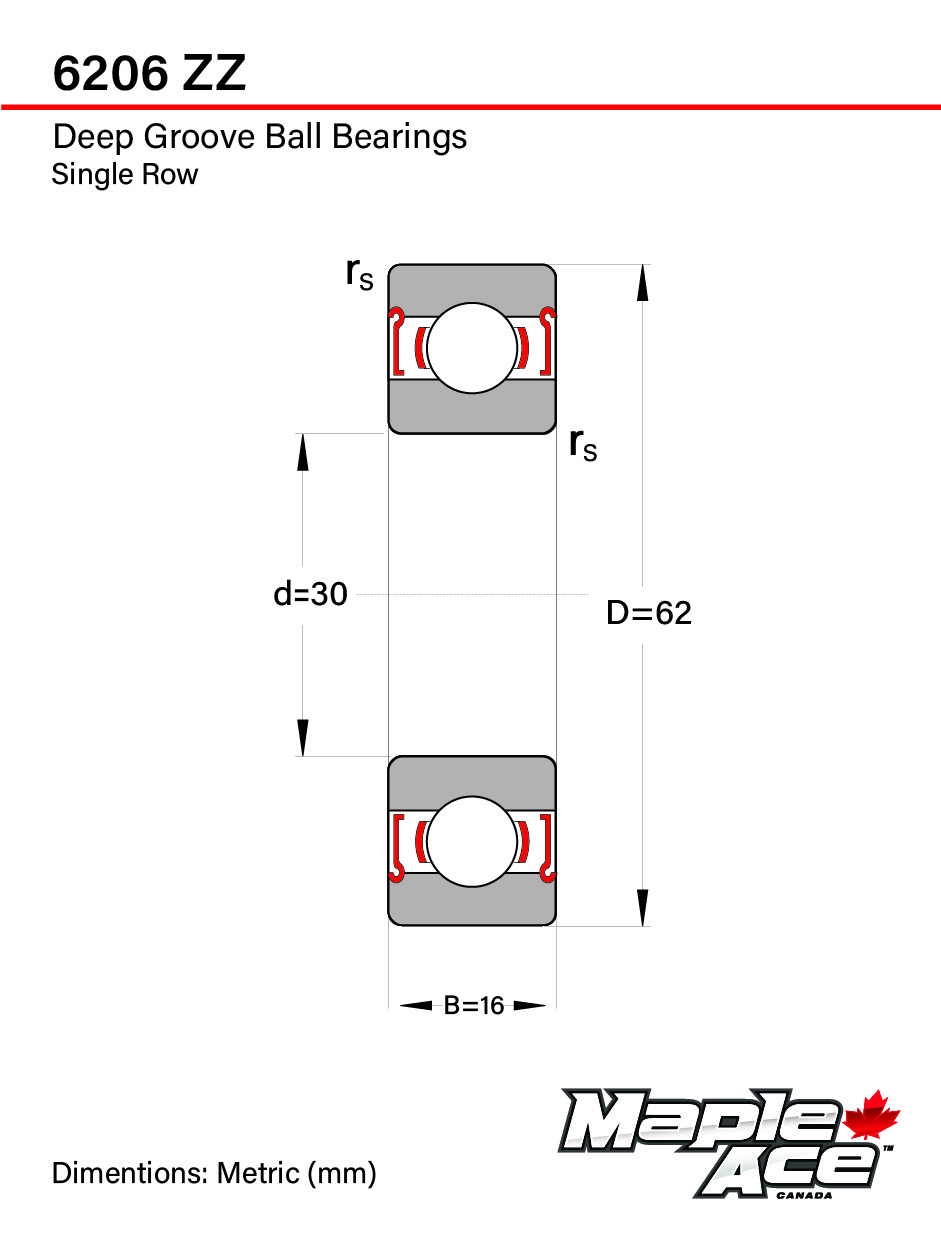 6206-ZZ Ball Bearing 30x62x16mm 6206 ZZ Metal Shielded (PCs 2)