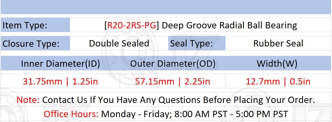 [Qty.2] New R20-2RS-PG Deep Groove Ball Bearing [1.25″ Bore x 2.25″ OD x 0.5″ W]