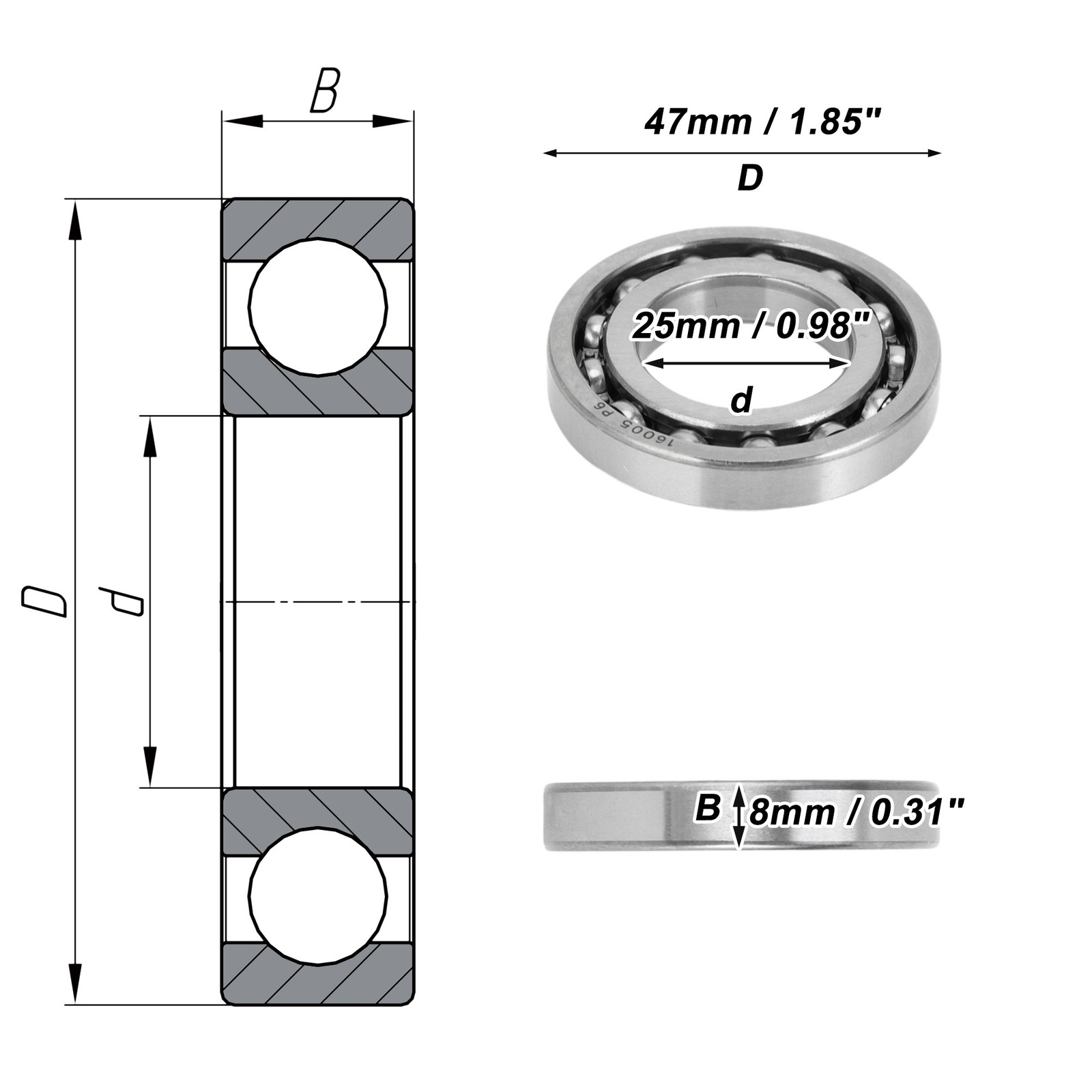 16005 Deep Throat Ball Bearings 25x47x8mm 1 Piece Skateboard Wheel