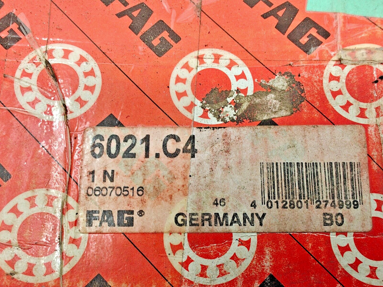 6021 C4 FAG Single Row Deep Groove Ball Bearing, 105mm x 160mm x 26mm 6021C4