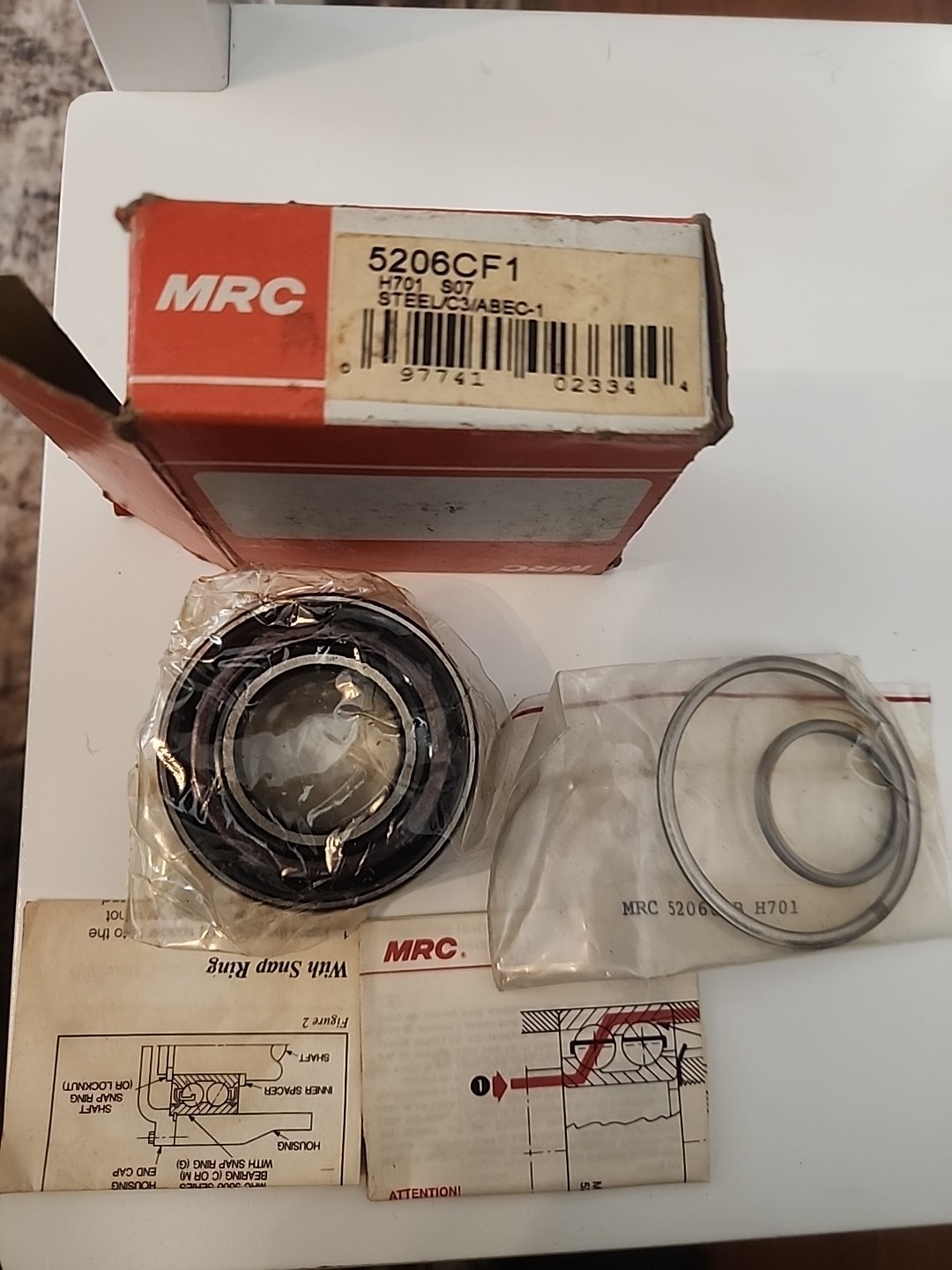 MRC 5206CF1 Angular Bearing 30x62x15/16 mm 5206 CF1 C3 w/Mounting Spacers USA