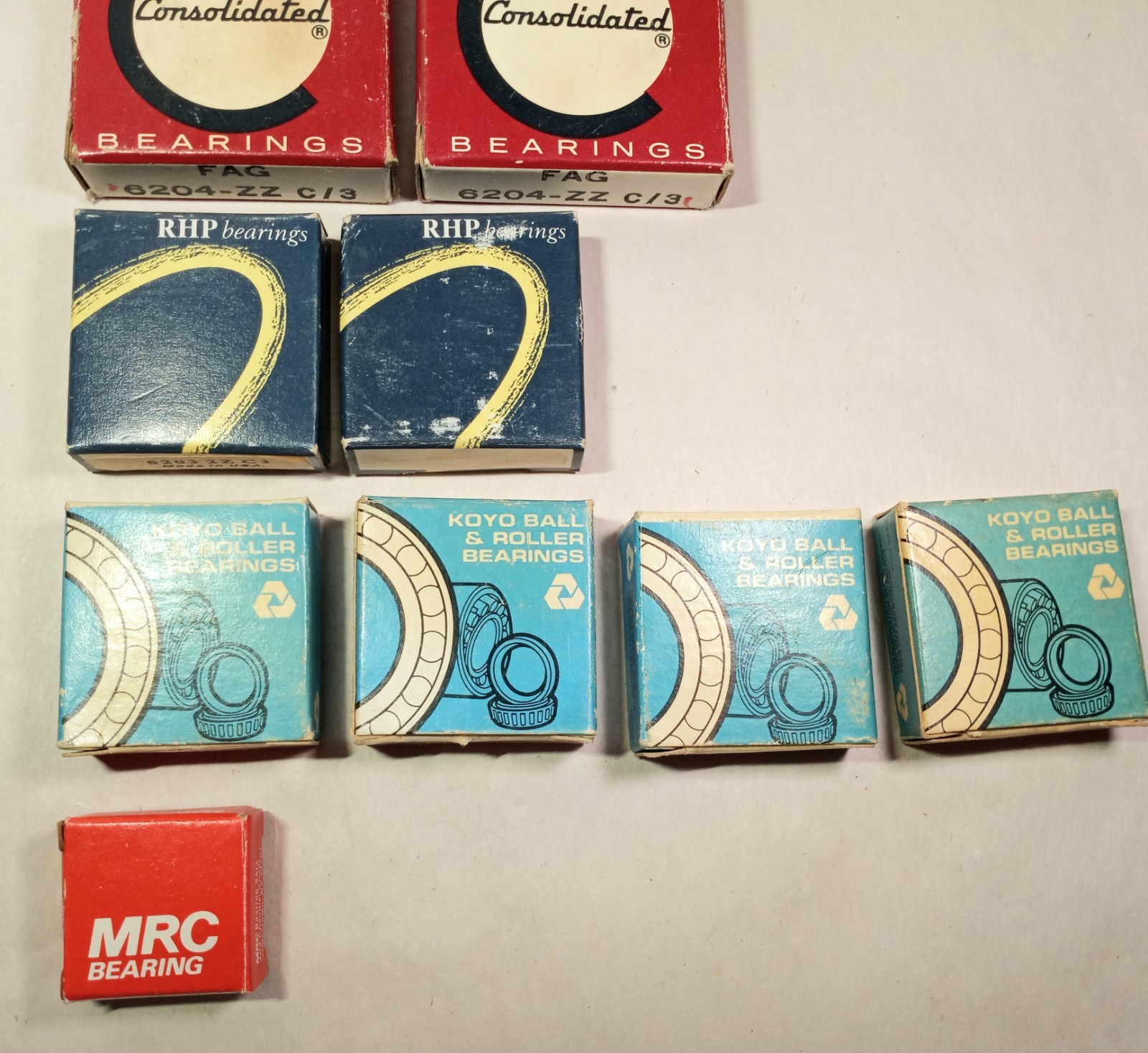 Vtg 9pc Ball Bearing Lot Consolidated, RHP, Koyo, MRC, 6204 ZZ, 6203 2z, 6200zz