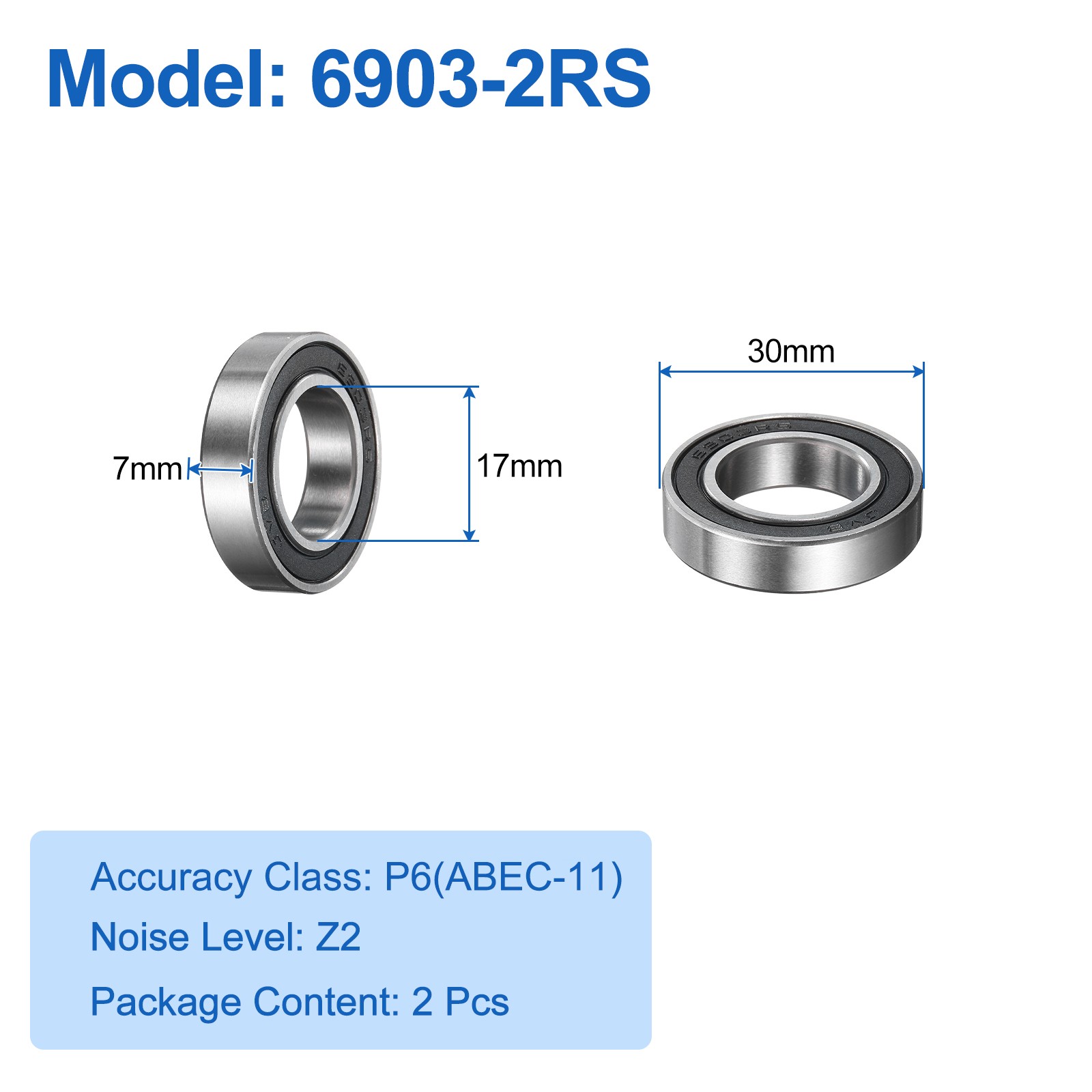 6903-2RS Ball Bearing 2pcs 17mmx30mmx7mmZ2 Double Rubber Seal, Black