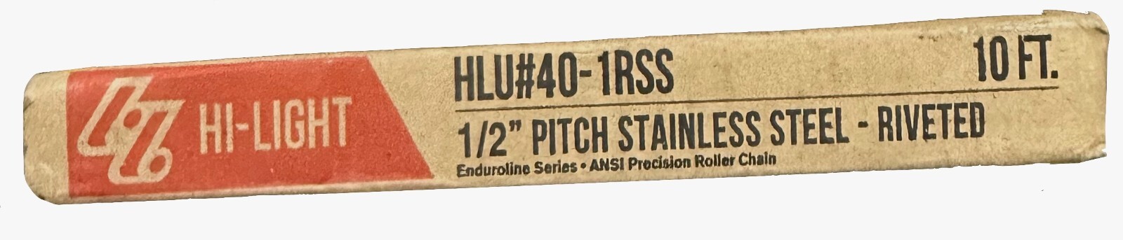 NEW HI-LIGHT HLU# 40-1RSS ROLLER CHAIN, 10FT, 1/2″ PITCH STAINLESS STEEL-RIVETED