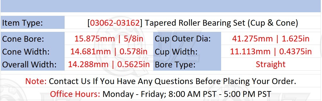 [Qty.2] 03062-03162 Tapered Roller Bearing Set Cup & Cone [5/8″ ID x 0.5625″ W]