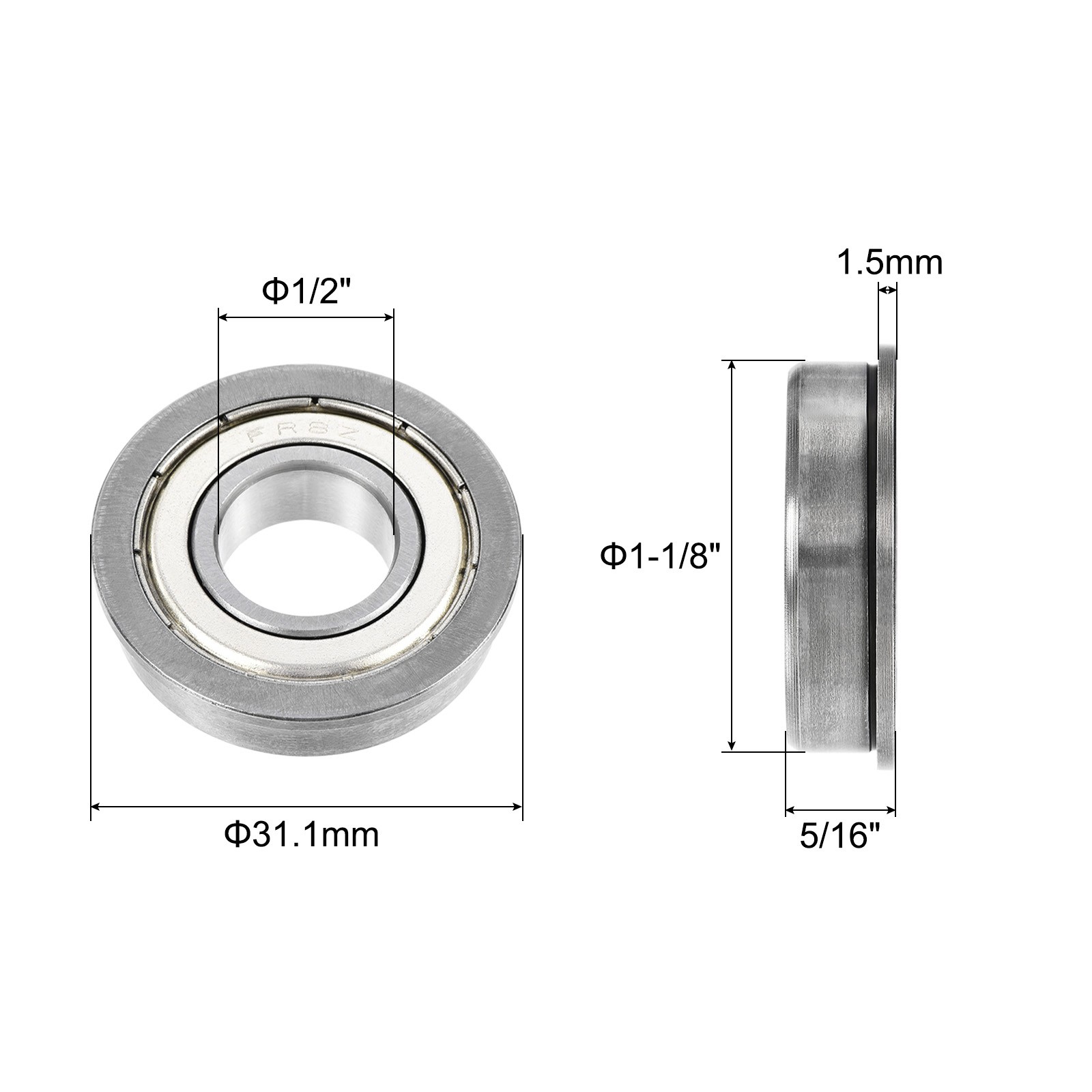 FR8ZZ Flanged Ball Bearing 1/2×1-1/8×5/16″ Chrome Steel Flange Bearings 10pcs