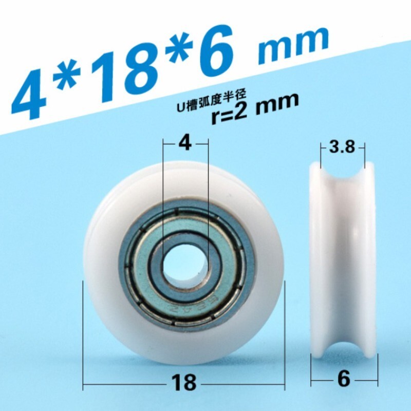 6Pcs U Type Groove Pulley Nylon Roller Bearing 4x18x6mm U Groove Guide Wheel