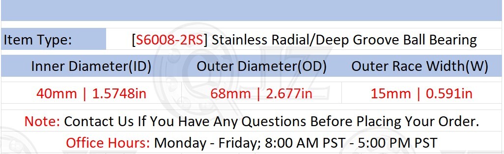 [Qty.10] S6008-2RS Stainless Radial Ball Bearing [40mm ID x 68mm OD x 15mm W]