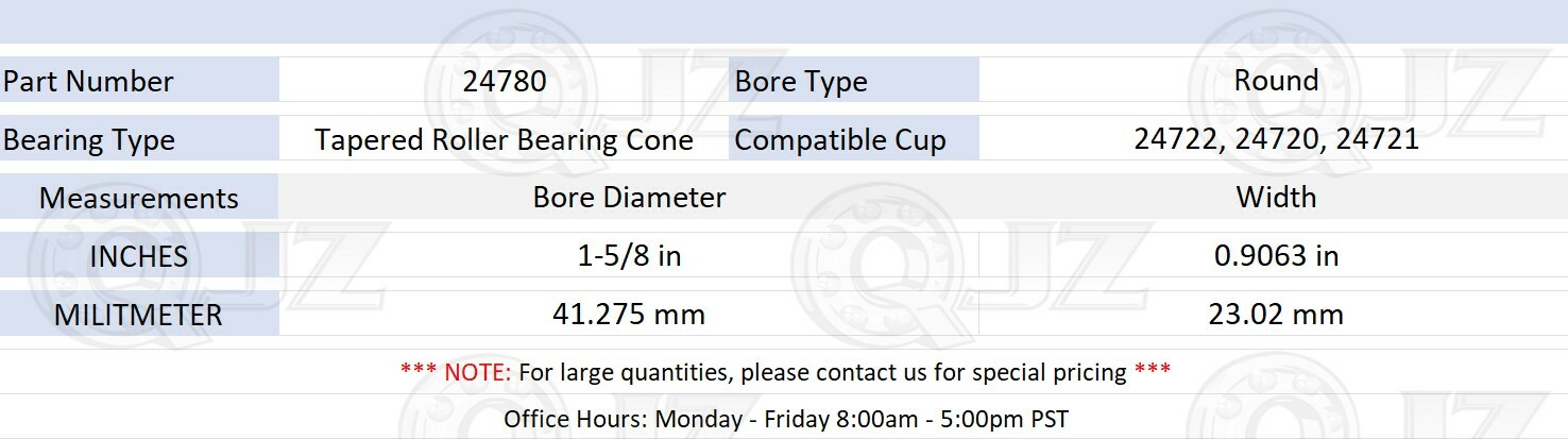 [1-Pack] 24780 Tapered Roller Bearing Inner Cone 1-5/8″ (Bore) x 0.9063″ (Width)