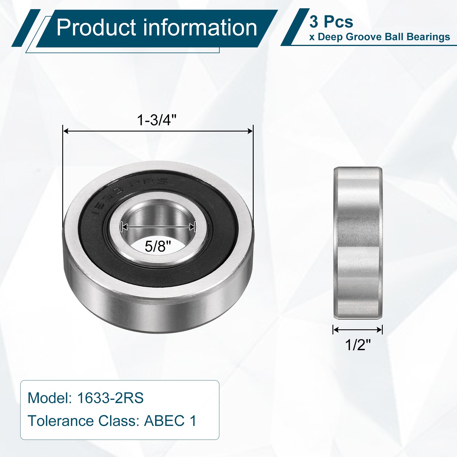 3 Pcs 5/8″ x 1-3/4″ x 1/2″ 1633-2RS Deep Groove Ball Bearing Sealed Bearing