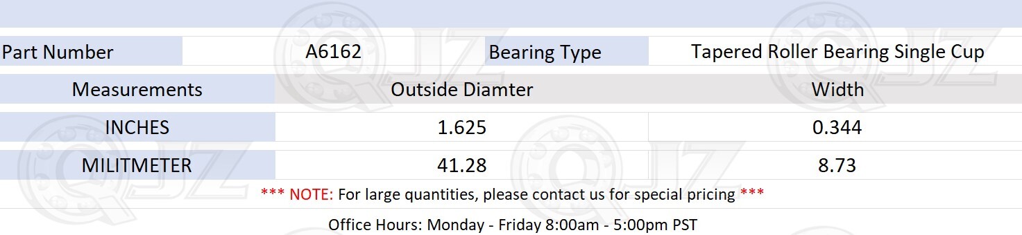[1-Pack] A6162 Tapered Roller Bearing Single Cup/Race [41.28 mm OD x 8.73 mm W]