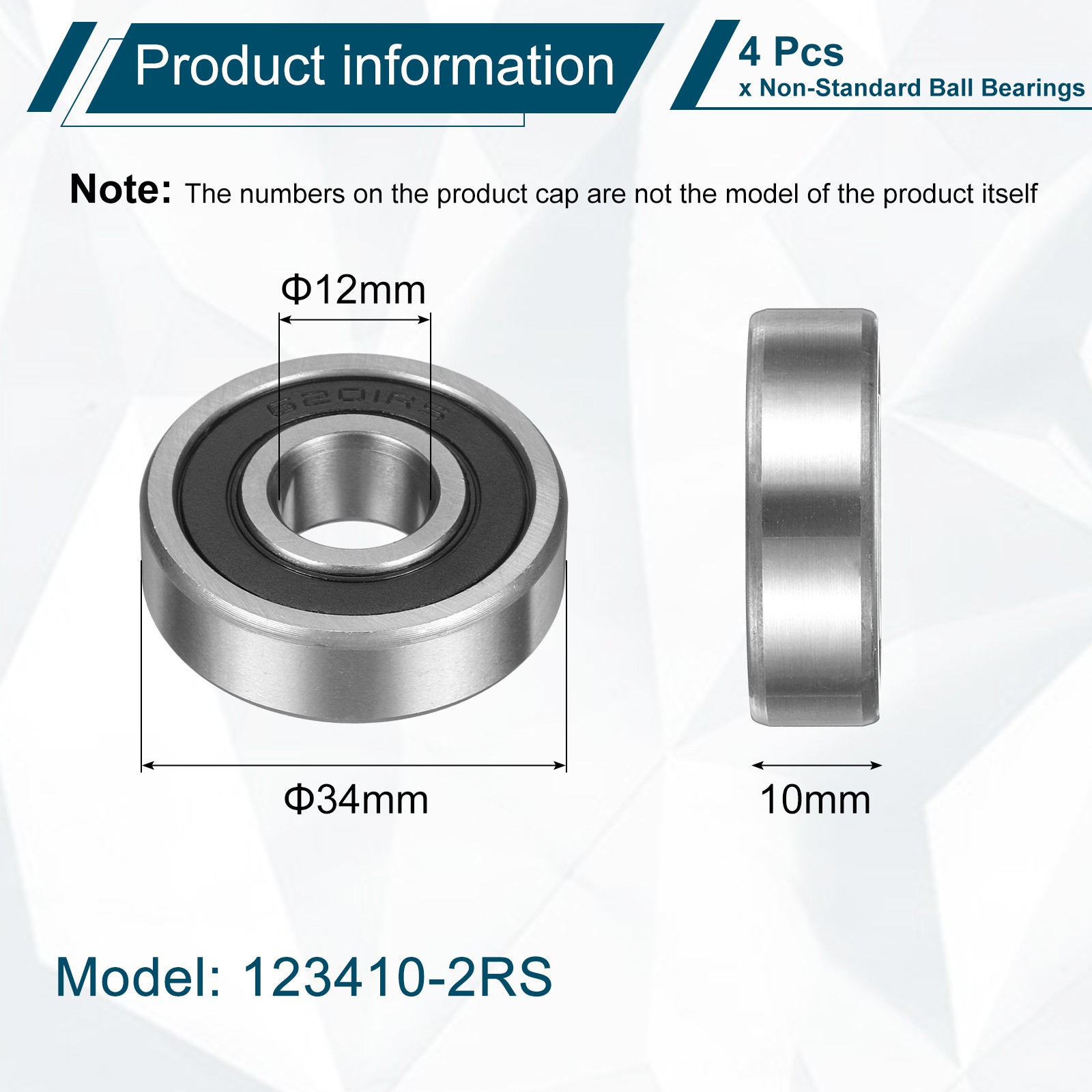 4pcs 123410-2RS Non-Standard Ball Bearings 12mm ID x 34mm OD x 10mm Thickness