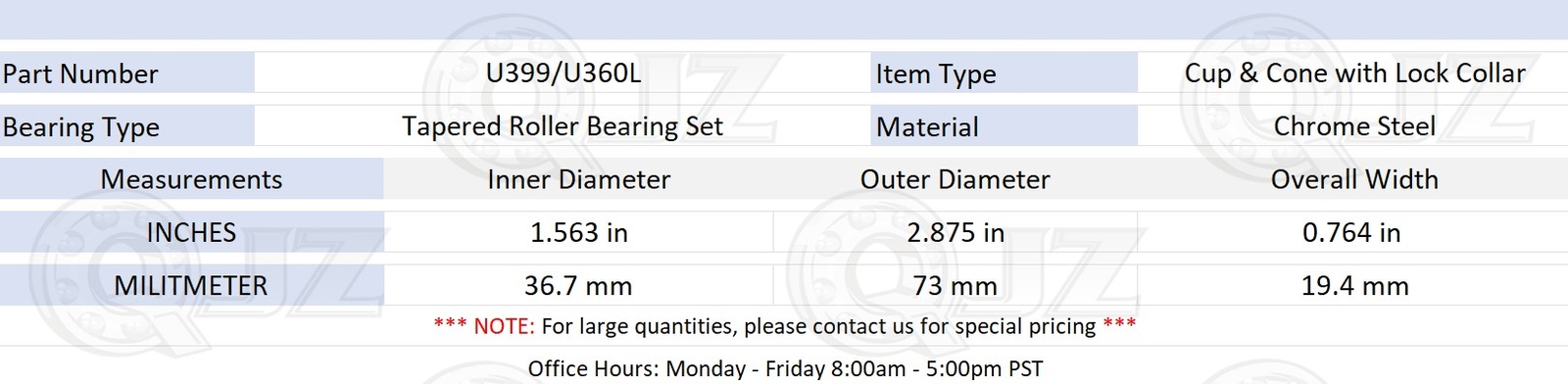 [1-Pack] U399/U360L Tapered Roller Bearing w/ Lock Collar 1.56″ x 2.875″ x 0.76″