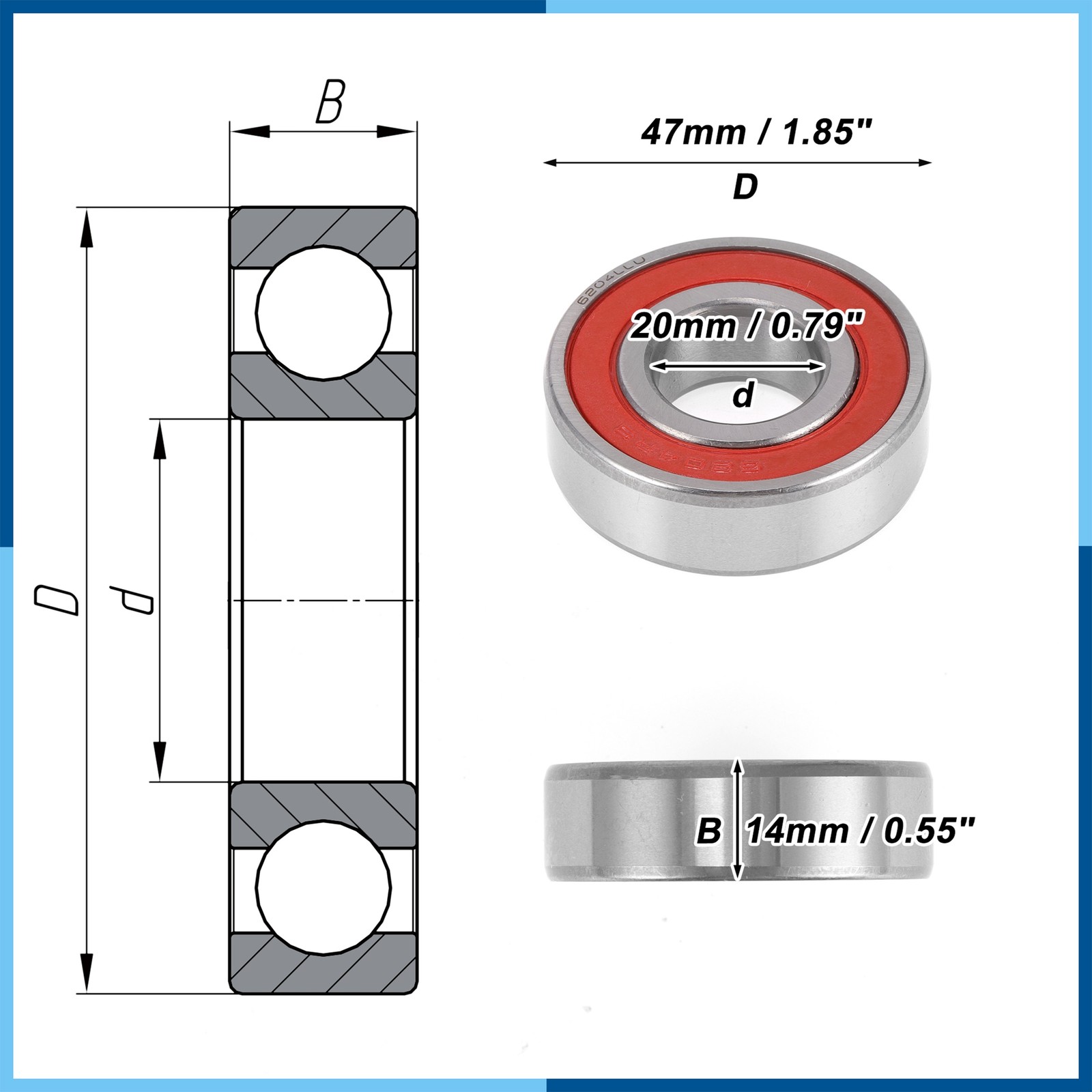6204LU Deep Groove Ball Bearings 20x47x14mm 1 Pc