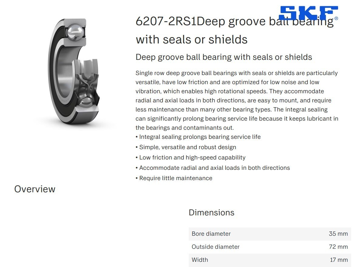 One (1) SKF 6207 2RS1 Deep Groove Bearing 35MM ID Malaysia NEW