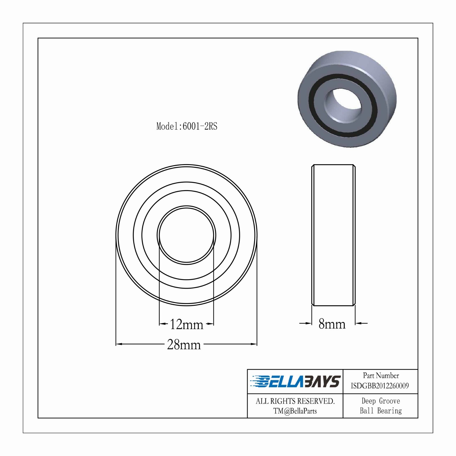 2 pcs ABEC-5 6001-2RS Rubber Double Sealed Deep Groove Ball Bearings 12x28x8mm