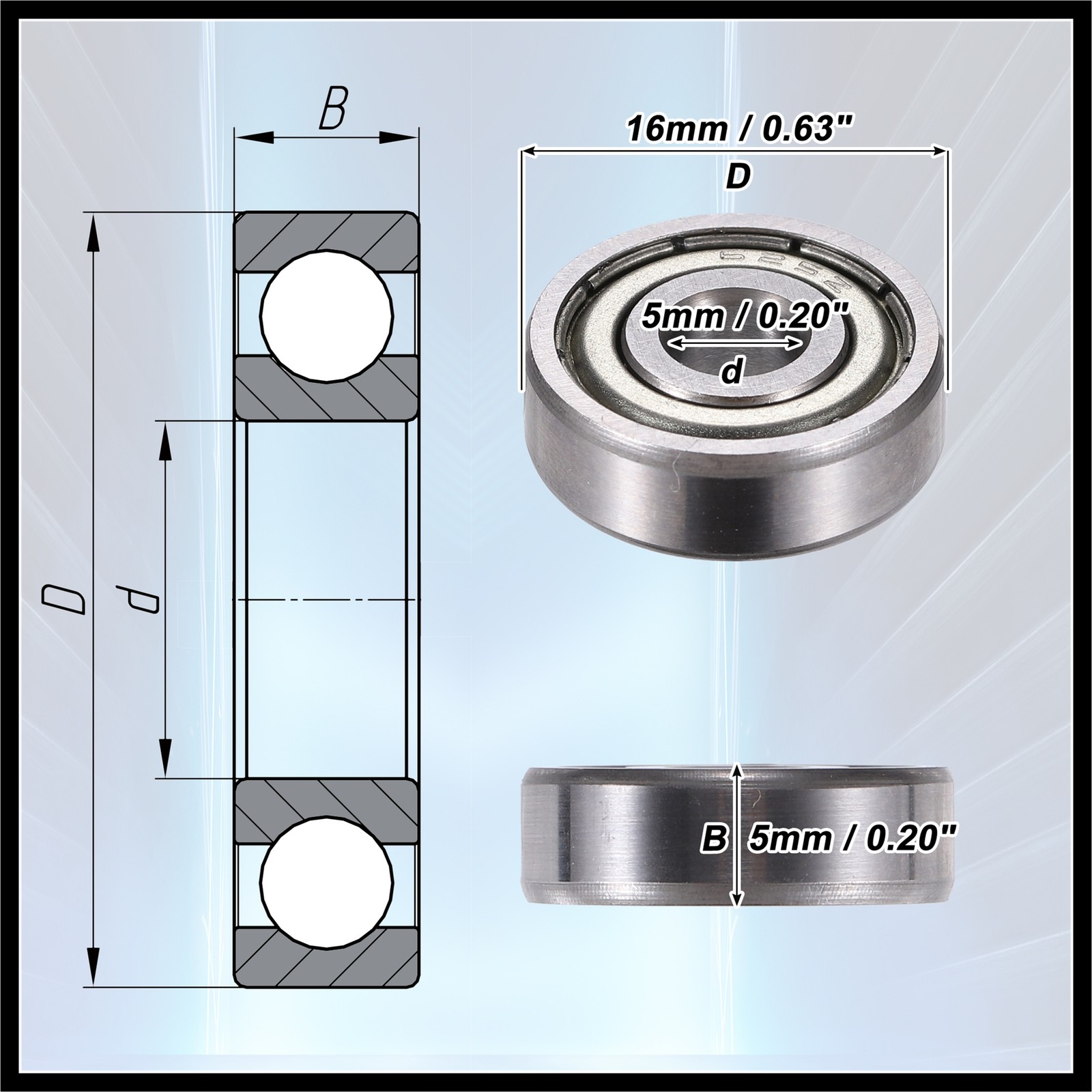 5Pcs 625ZZ 5x16x5mm Double Metal Shield Single Row Deep Groove Ball Bearings