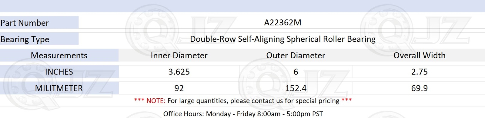 [Qty,1] A22362M Spherical Roller Bearings [3-5/8 in Bore x 6 in OD x 2.75 in W]