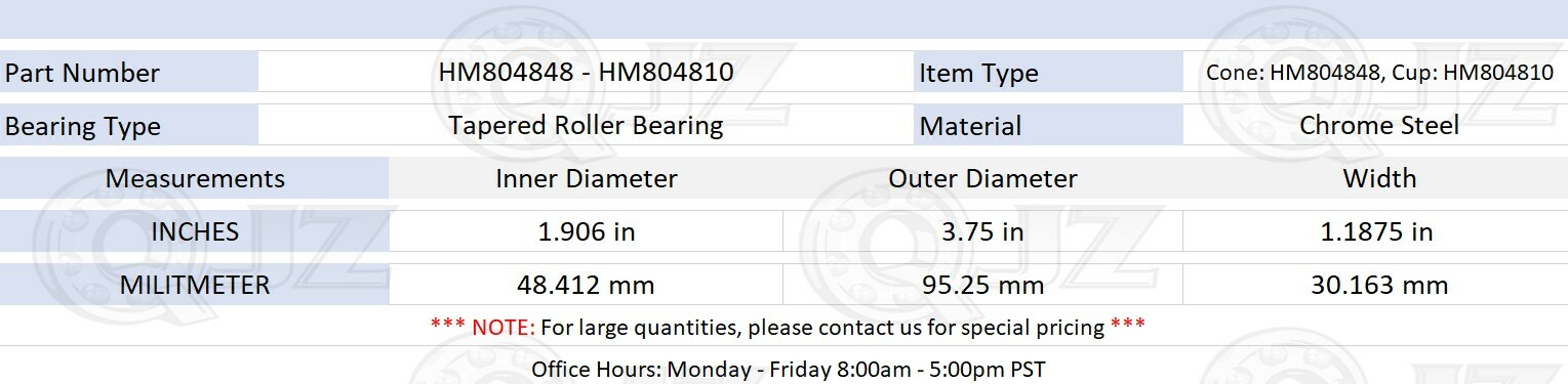 [2-Pack] HM804848 – HM804810 Tapered Roller Bearing 1.906″ x 3.75″ x 1.1875″