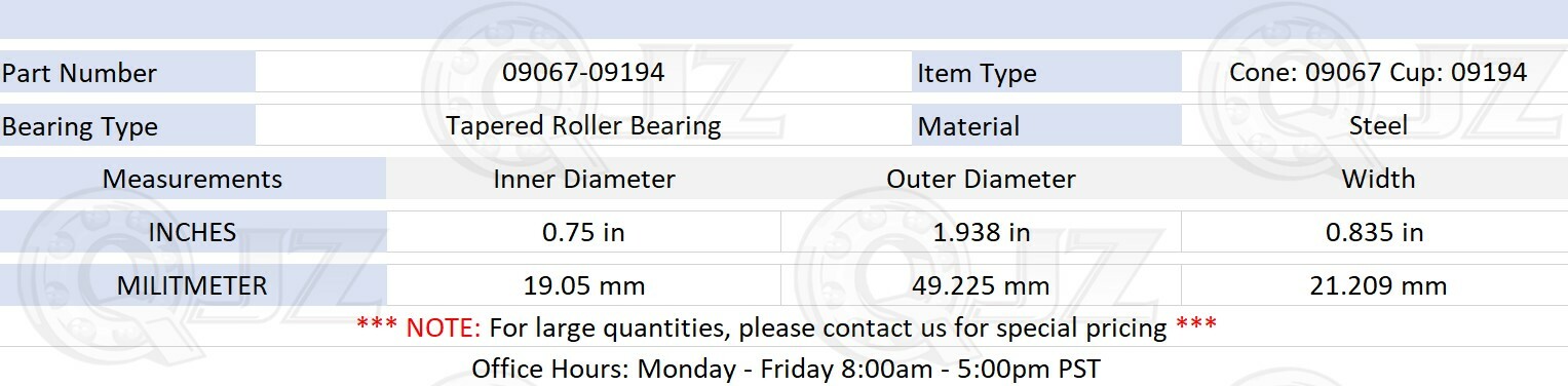[2 Sets] Cone: 09067 Cup: 09194 Tapered Roller Bearing 0.75″ x 1.938″ x 0.835″