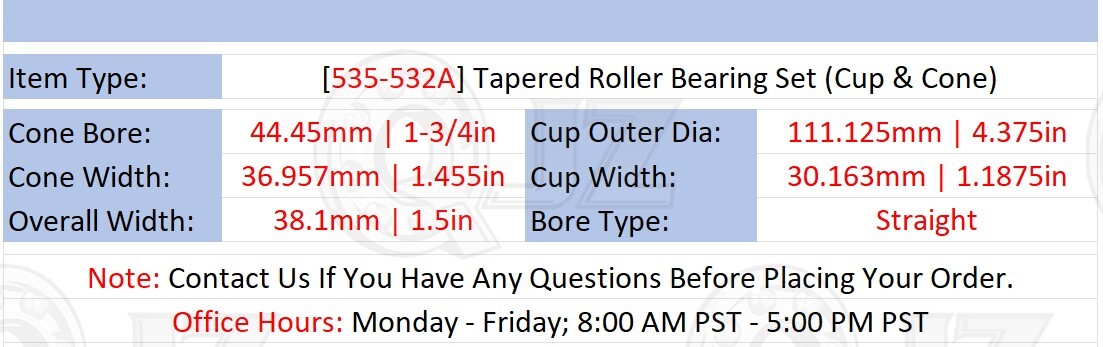 [Qty.1] New 535-532A Tapered Roller Bearing Set Cup & Cone [1-3/4″ ID x 1.5″ W]