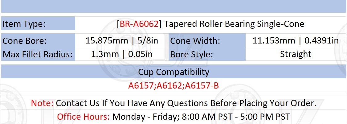 [Qty.2] New BR-A6062 Tapered Roller Bearing Single-Cone [5/8in ID x 0.4391in W]