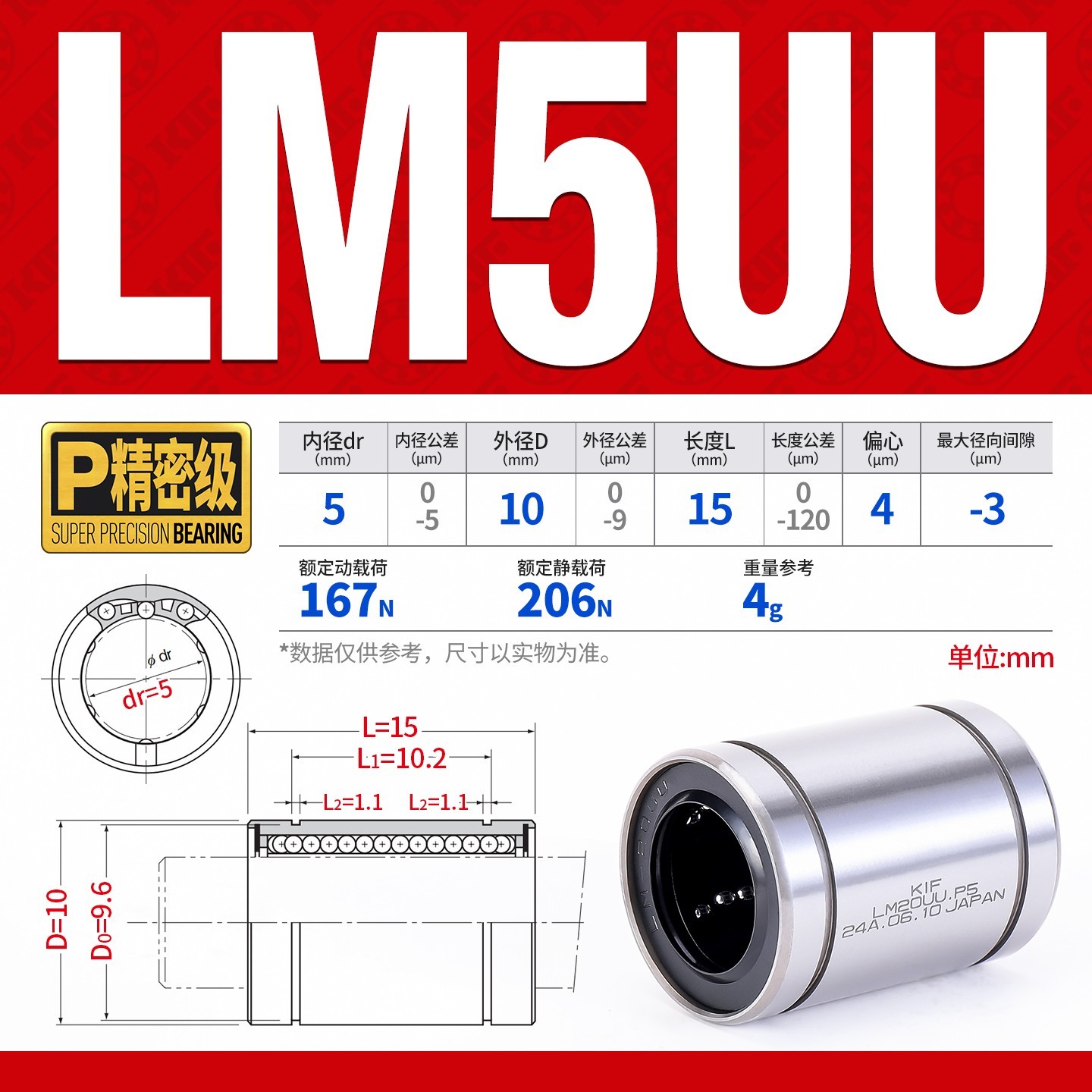 Precision Linear Ball Bearing LM5UU P Grade 5×10×15 mm