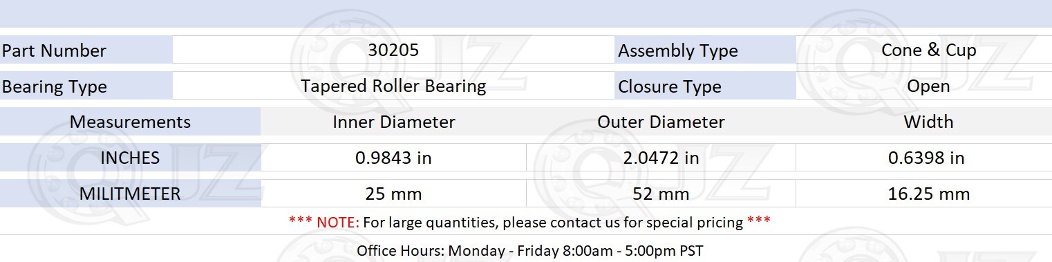 [2-Pack] 30205 Tapered Roller Bearing 0.984 in x 2.0472 in x 0.6398 in (IDxODxW)