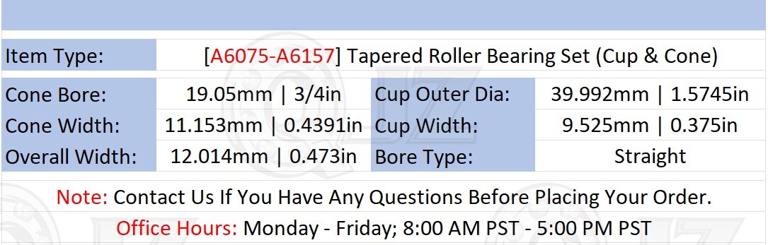 [Qty.2] A6157-A6075 Tapered Roller Bearing Set Cup & Cone [3/4″ ID x 0.473″ W]
