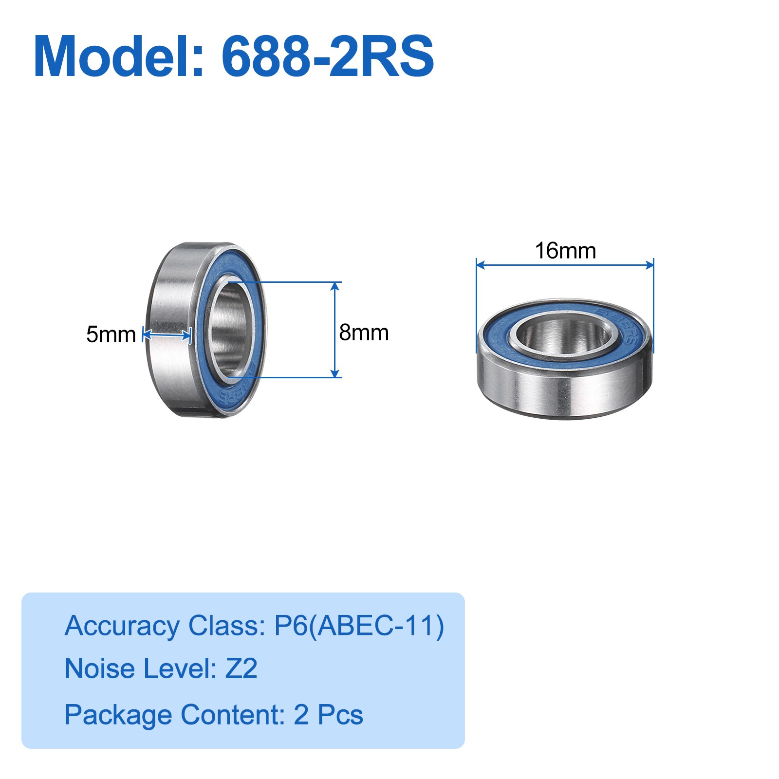 688-2RS Ball Bearing 2pcs 8mmx16mmx5mmZ2 Double Rubber Seal, Blue