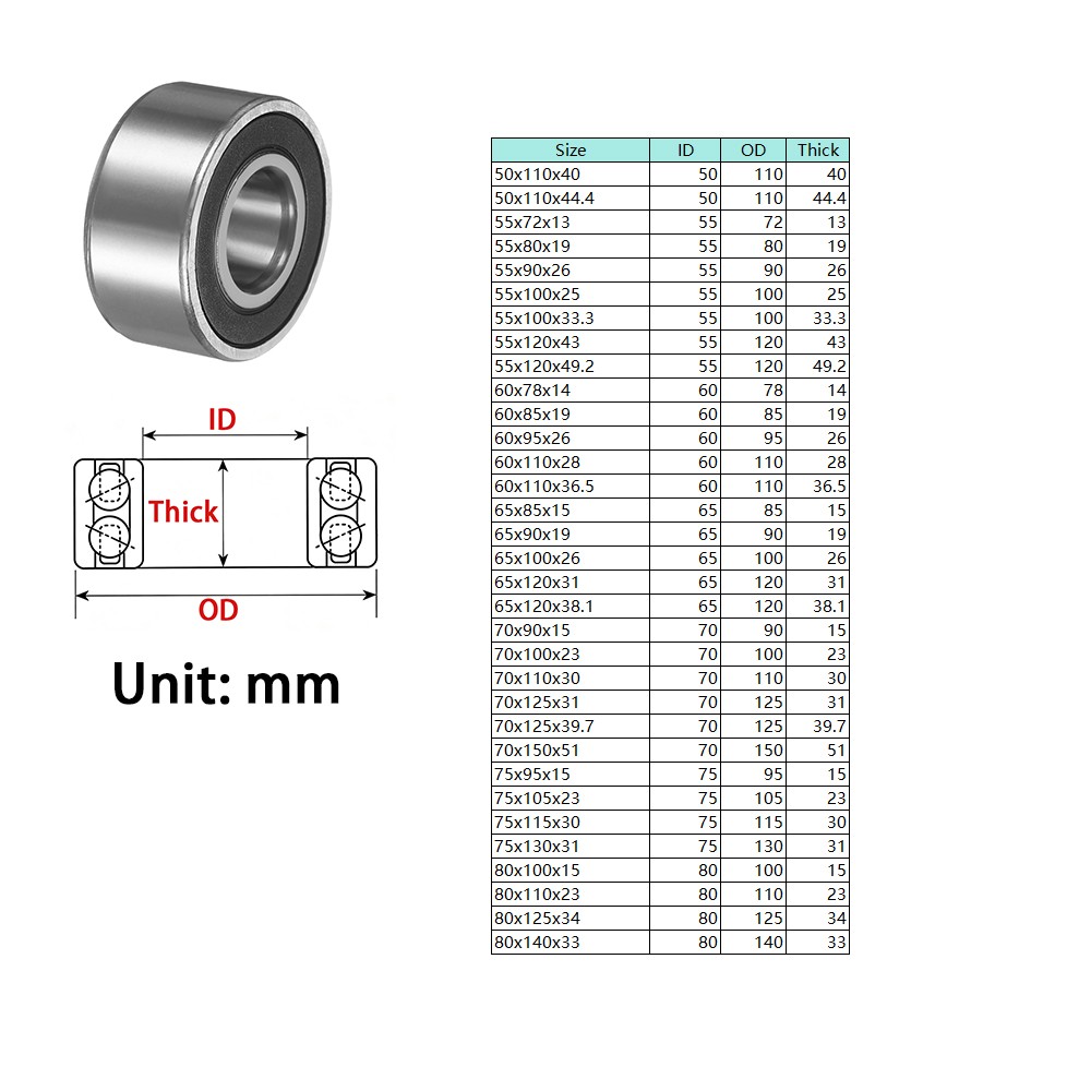 2RS Double Row Angular Contact Ball Bearing ID5-80mm OD14-140mm Thick7-33mm