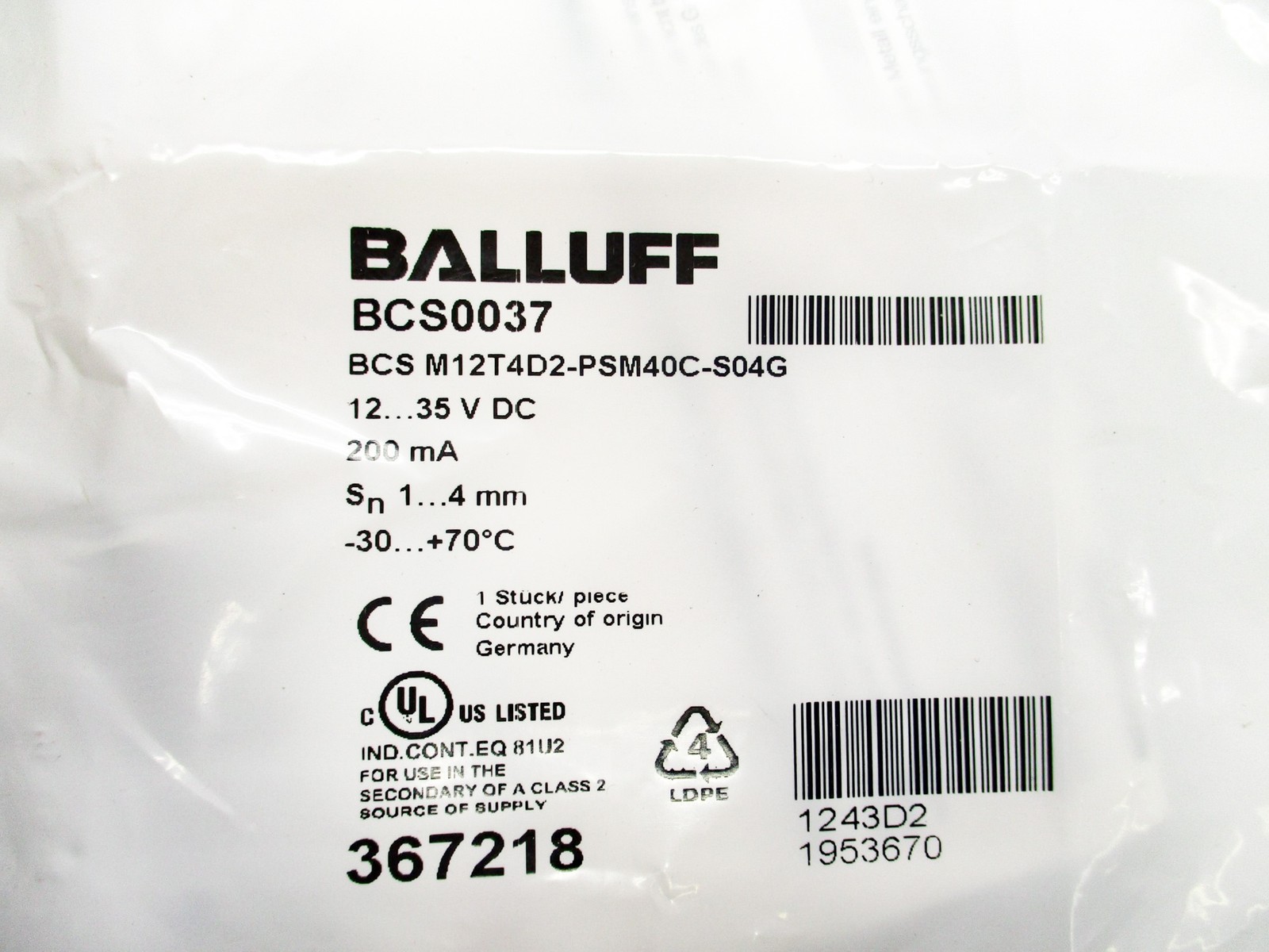 BALLUFF BCSM12T4D2-PSM40C-S04G BCS0037 12-35VDC NSMP