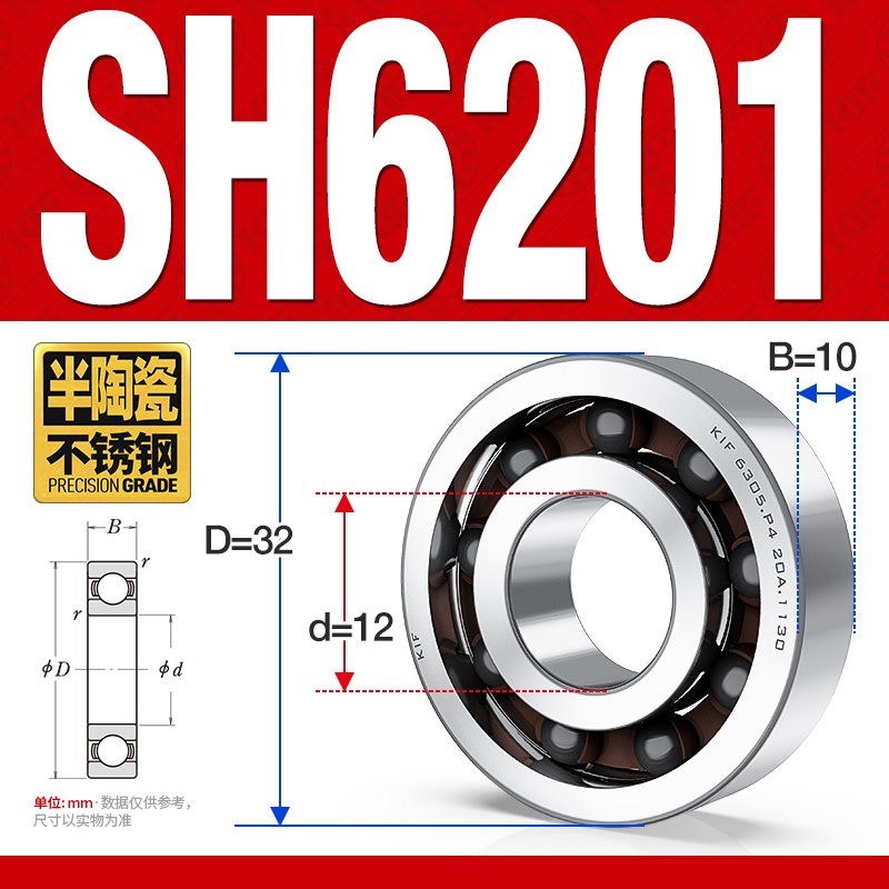 SH6201 Stainless Steel Hybrid Ceramic Bearing – 12 × 32 × 10 mm (Open / 2RS)