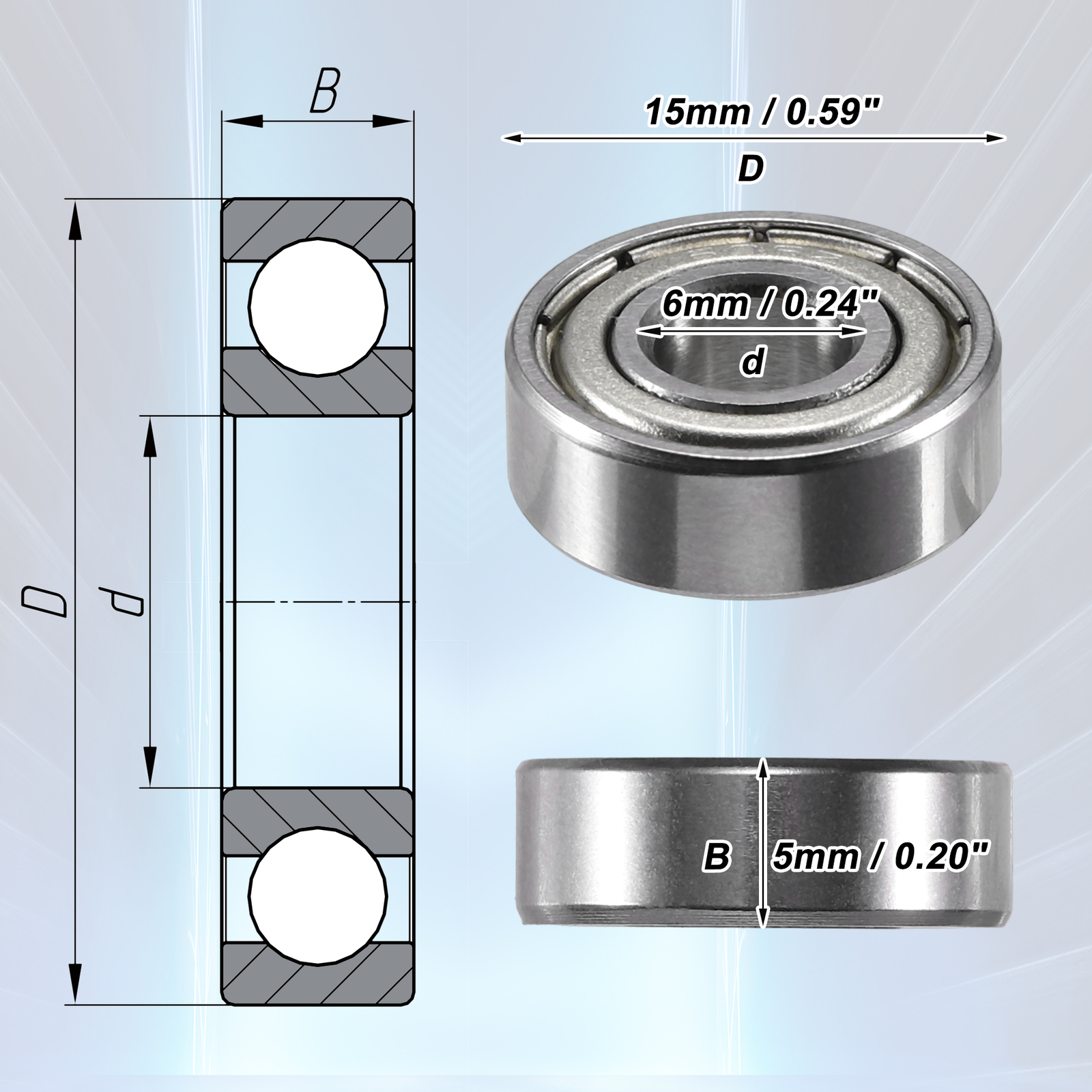 10pcs 6x15x5mm Double Metal Shield 696-ZZ Single Row Deep Groove Ball Bearings