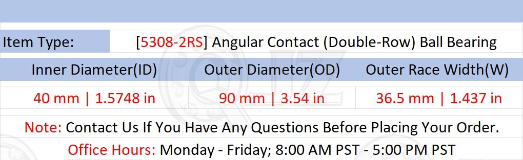 [Qty.4] 5308-2RS Angular Contact Ball Bearing [40mm Bore x 90mm OD x 36.5mm W]