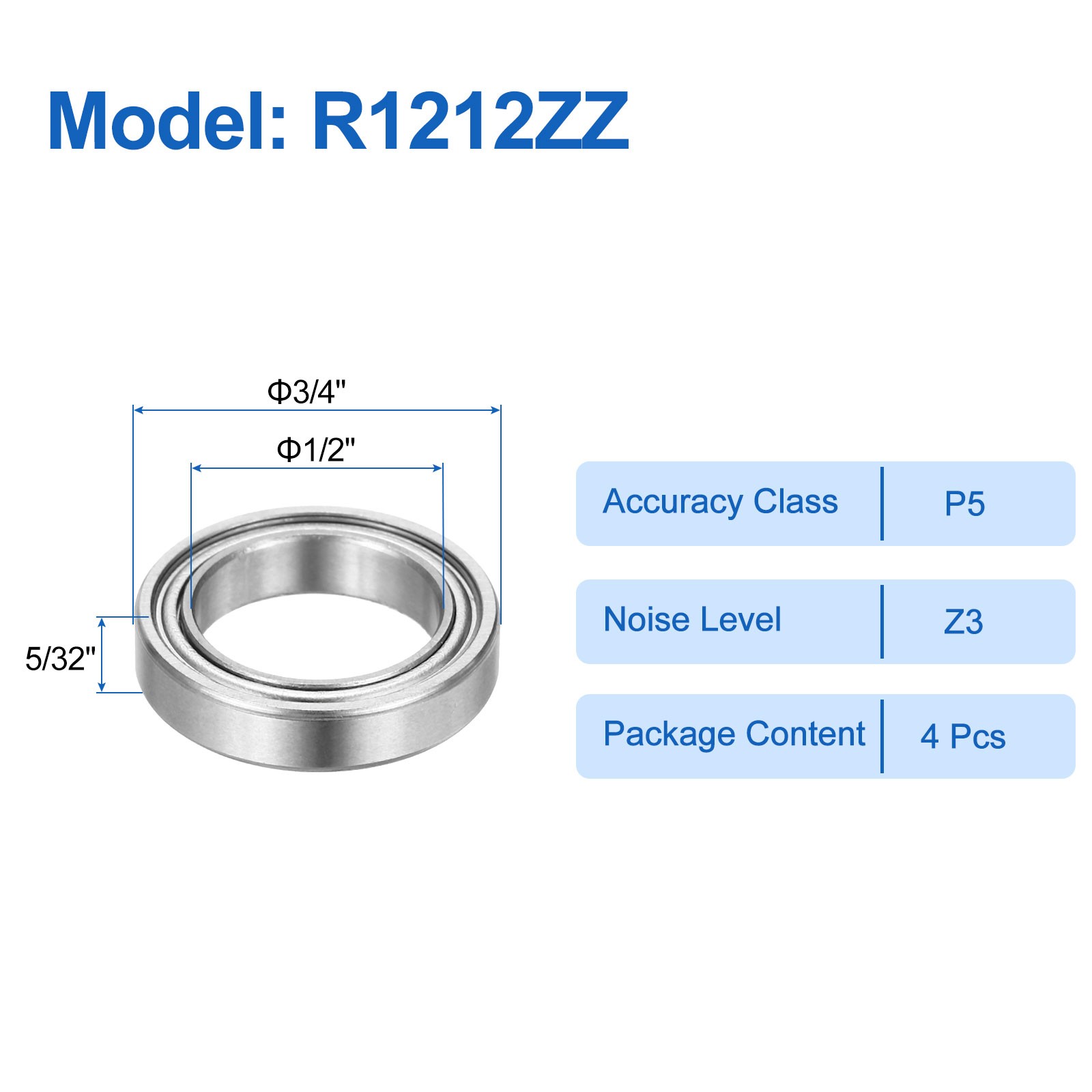 4Pcs R1212ZZ 1/2″ ID x 3/4″ OD x 5/32″ Height Z3 Ball Bearings Silver Tone