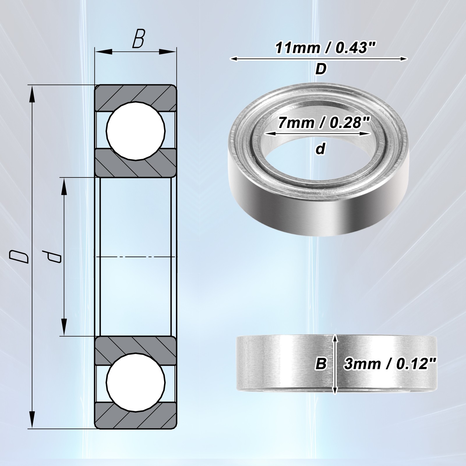 10 Pcs 7x11x3mm Double Metal Shield MR117ZZ Car Deep Groove Ball Bearings