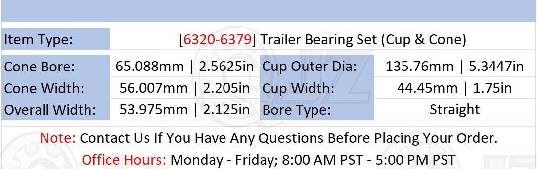 [Qty.1] 6320-6379 Tapered Roller Bearing Set Cup & Cone [2.5625″ ID x 2.125″ W]
