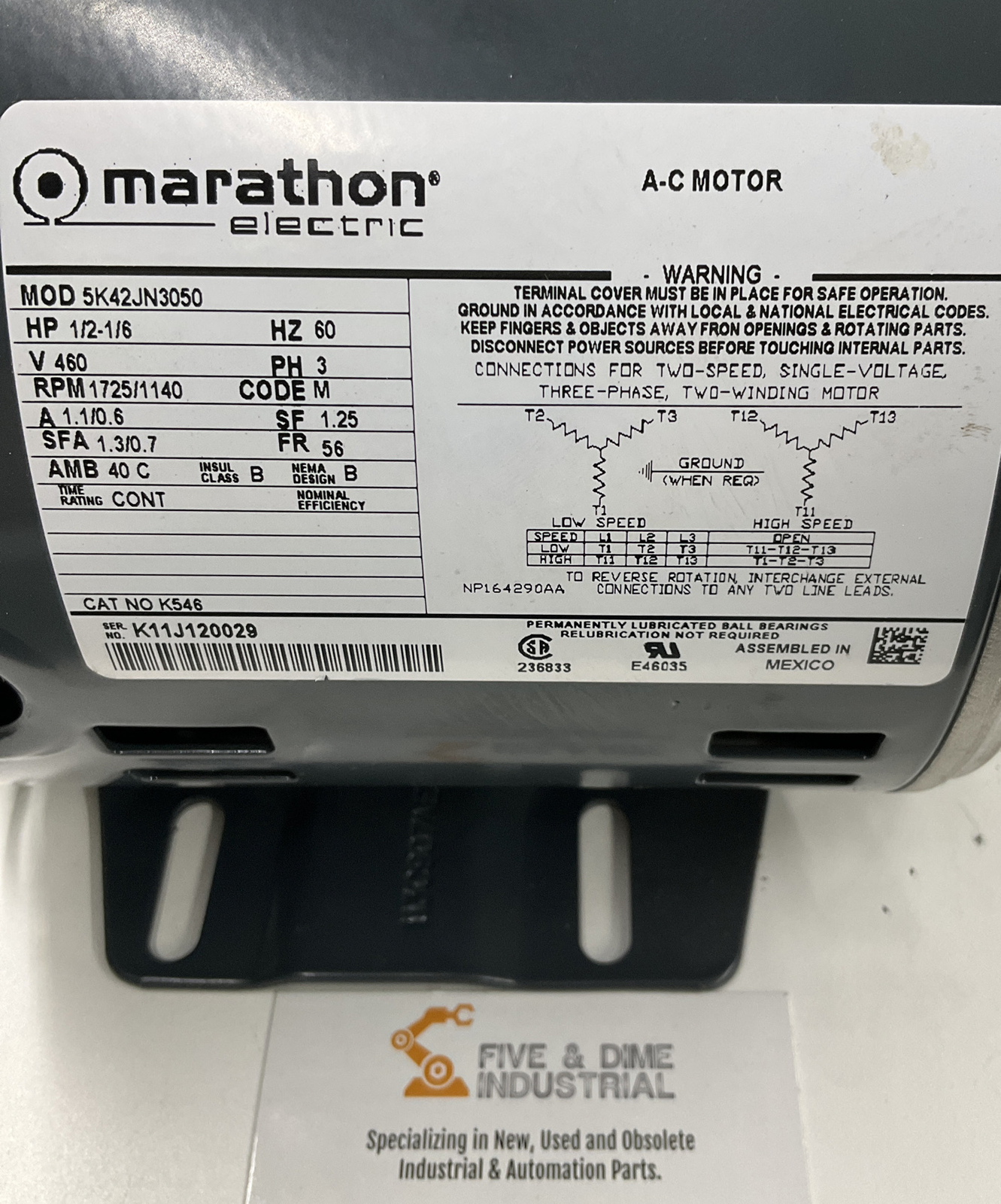 Marathon 56 FR 1/2-1/6 HP Industrial Motor 1725/1140 RPM 460VAC