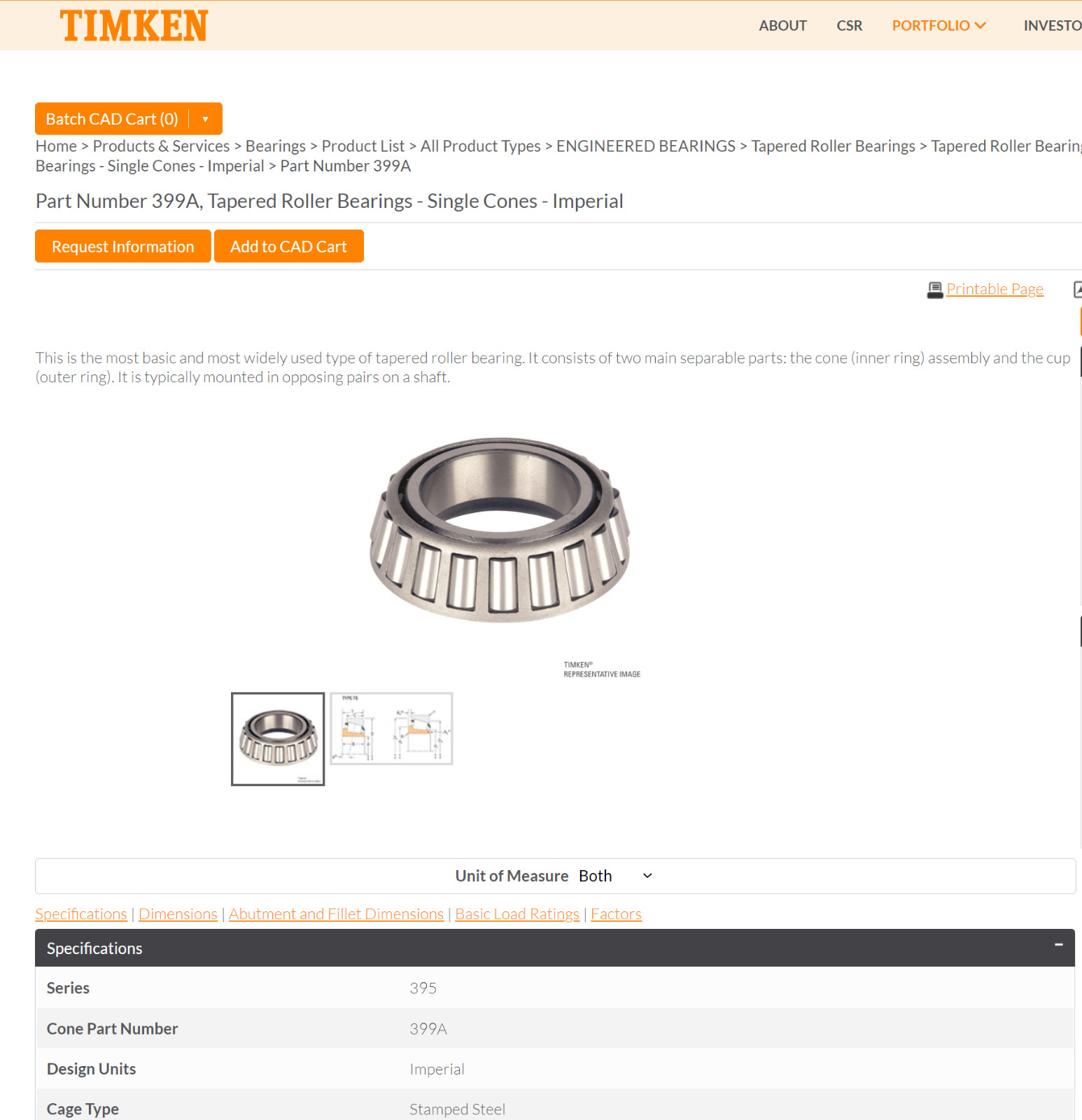 One (1) Timken 399A Tapered Roller Bearing Cone 2-11/16″ ID USA NEW